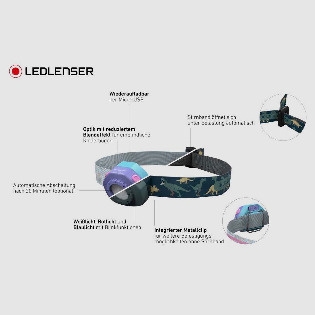 Ledlenser 502535 Lampada frontale per bambini KIDLED4R verde 40 Lumen