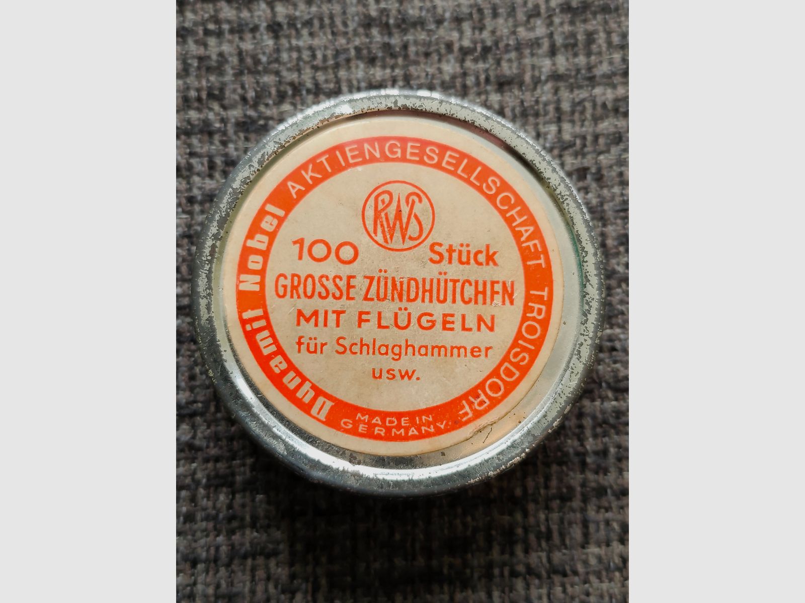 RWS Zündhütchendose – Rheinisch-Westfälische Sprengstoff AG Troisdorf – ca. 1931–1945