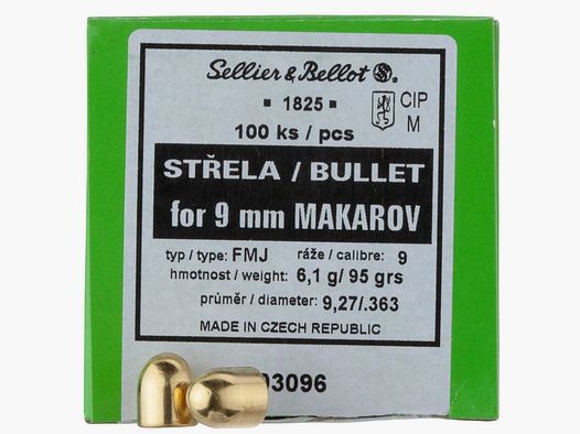 Sellier & Bellot Bullets 9mm Makarov / .363 Full Metal Jacket 95GR 100 Pieces