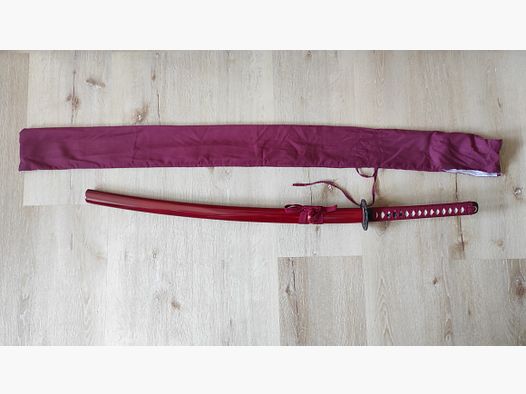 Katana, Samuraischwert rot mit Stoffbeutel geschliffene Klinge