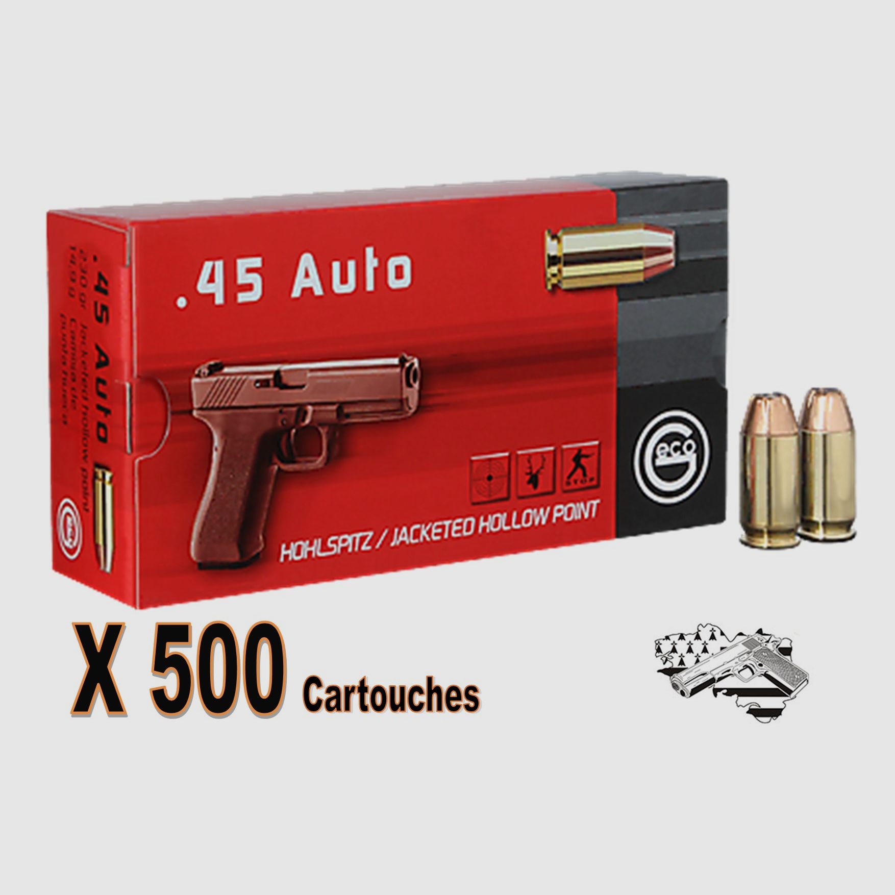 GECO .45 AUTO POINTE CREUSE (JHP ) 230 grs par 500