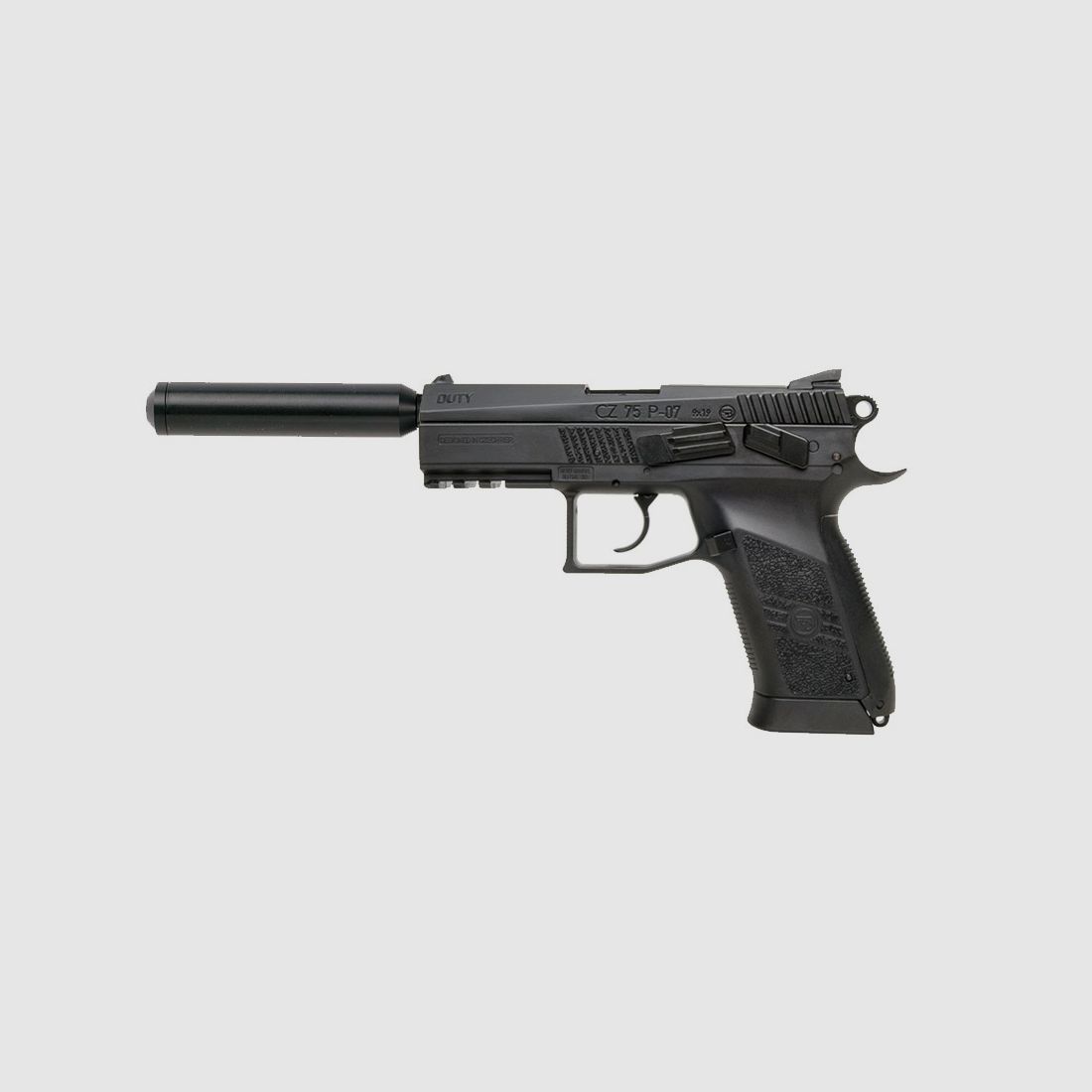 CO2 Softairpistole CZ 75 P-07 Duty Blow Back Metallschlitten schwarz Kaliber 6 mm BB (P18)+ schwarzer SchalldĂ¤mpfer Adapter