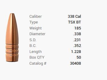 Barnes Geschoss .338/.338 185GR TSX BT 50 Stück