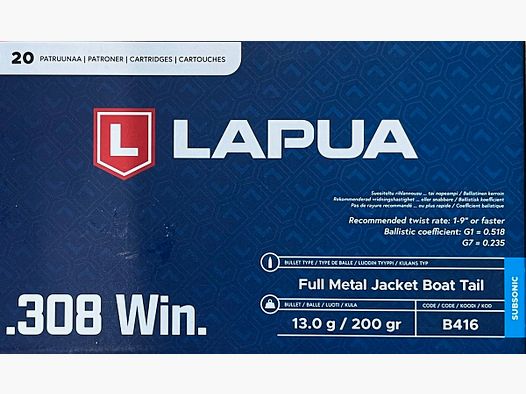 Lapua SUBSONIC .308Win 200gr - 20 cartouches