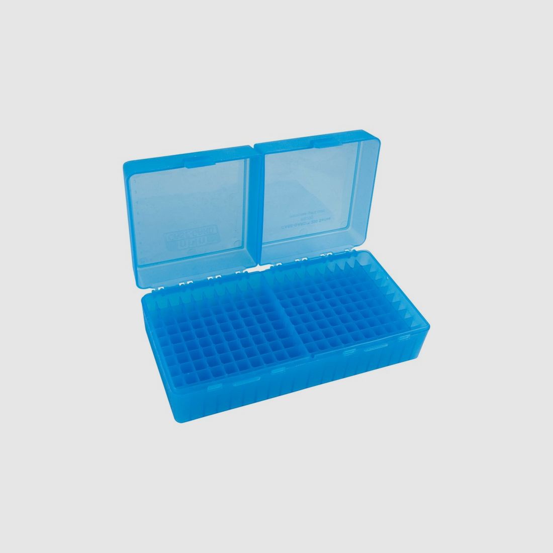 MTM scatola per cartucce RS-200-24 blu trasparente con coperchio a ribalta per 200 cartucce .223 e altre.