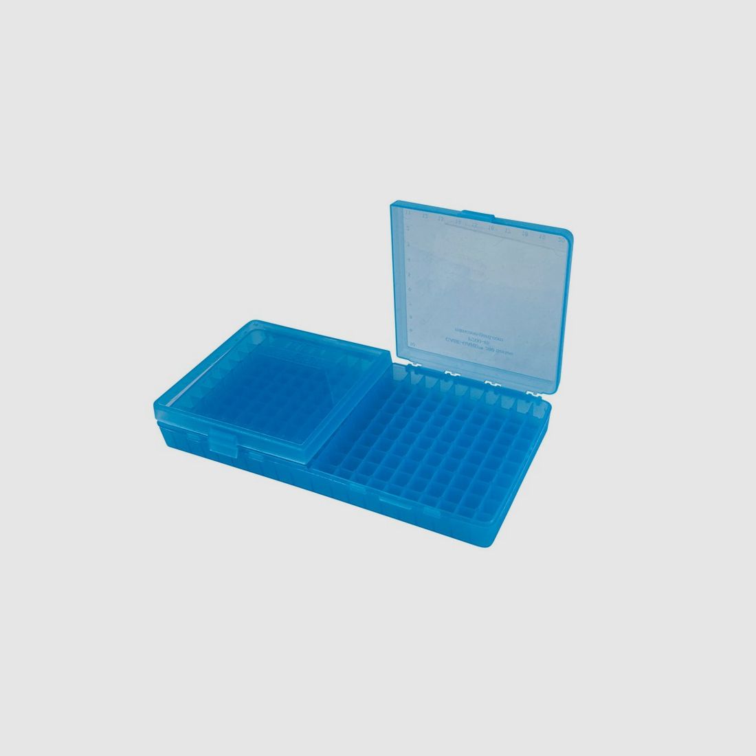 MTM scatola per cartucce P-200-9-24 blu trasparente con coperchio a ribalta per 200 cartucce 9mm e inferiori.
