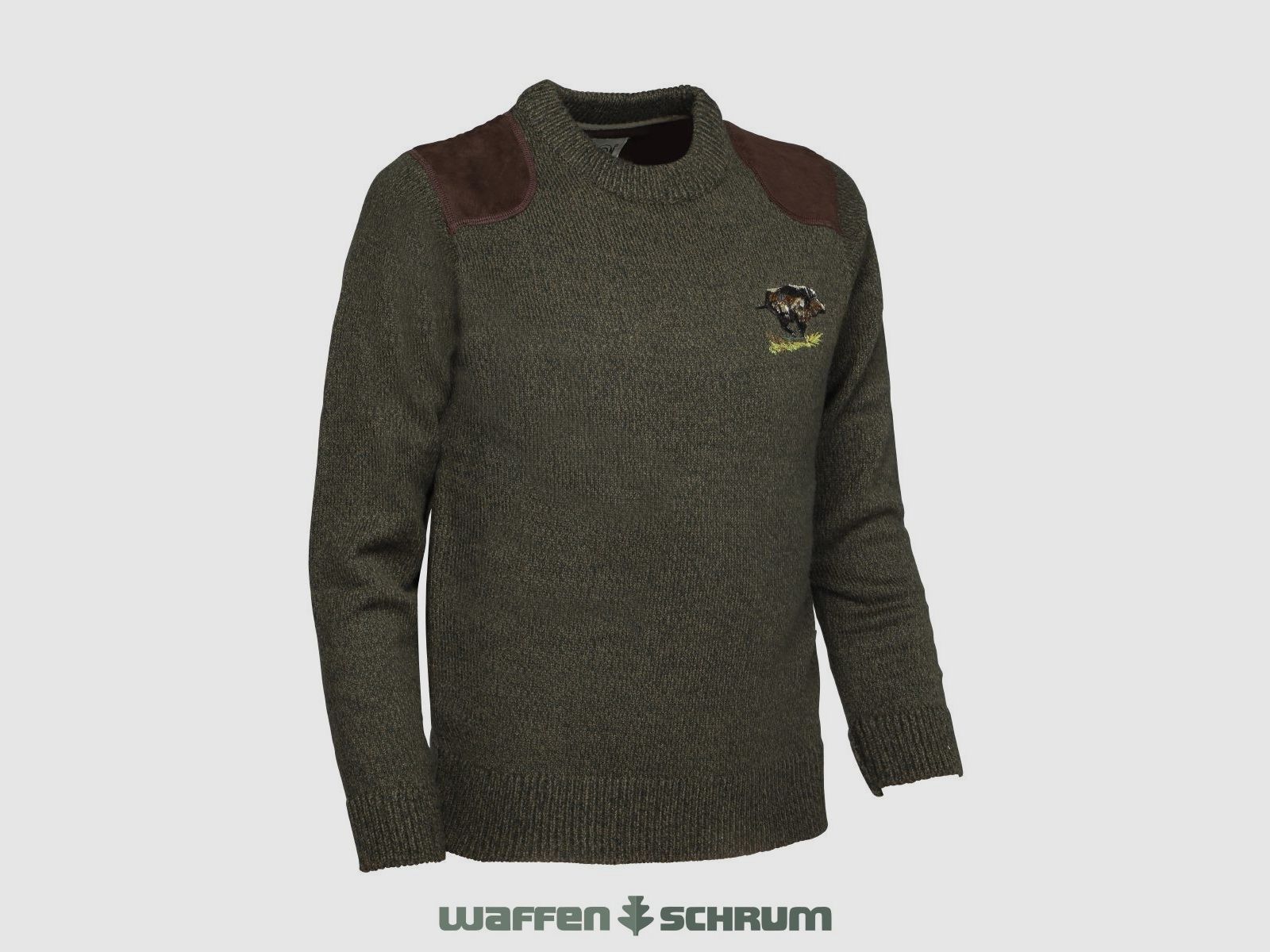 Pullover in percussione con ricamo cinghiale khaki