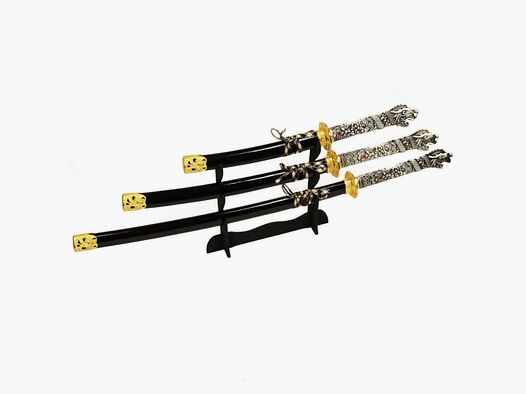 Zestaw mieczy samurajskich - Katana Wakizashi Tanto Connor MacLeod z głową smoka w zestawie z podstawą na miecz
