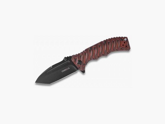 Coltello pieghevole Defcon Proelia Tanto, lama nero opaco, manico rosso e nero