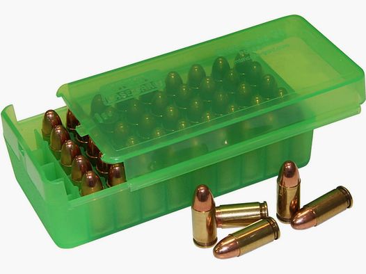 MTM Cartridge Box P50SS-9M-16 Pistol with Sliding Lid Green Clear for 50 Cartridges 9mm
