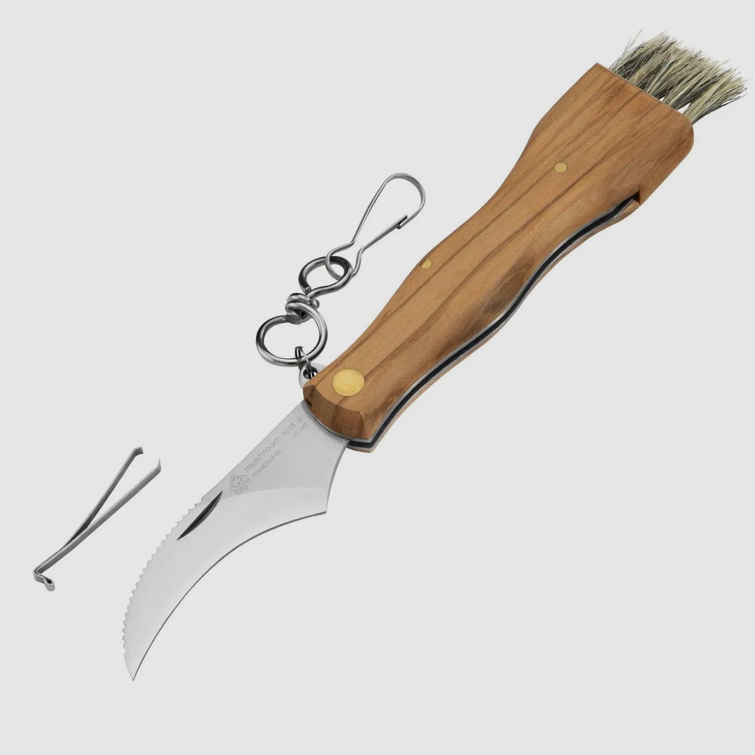 PUMA IP mushroom knife with brush, tweezers and carabiner, olive wood