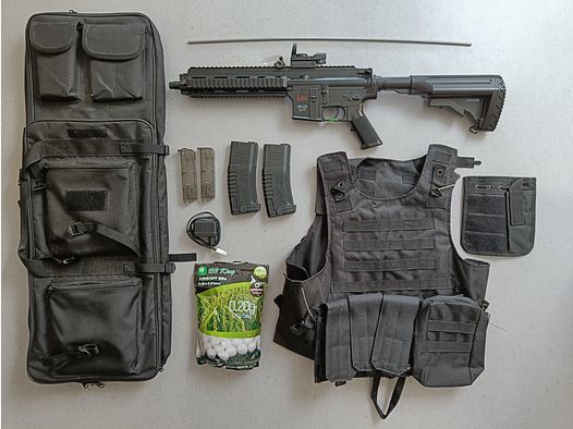 Komplette Airsoft-Ausrüstung – Gewehr, Weste, Visier, Tasche, Speedloader – Alles dabei!
