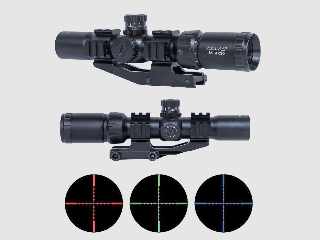 Taktisches Zielfernrohr Zasdar 1,5-4×30 mm. Beleuchtetes Mildot-Absehen RGB