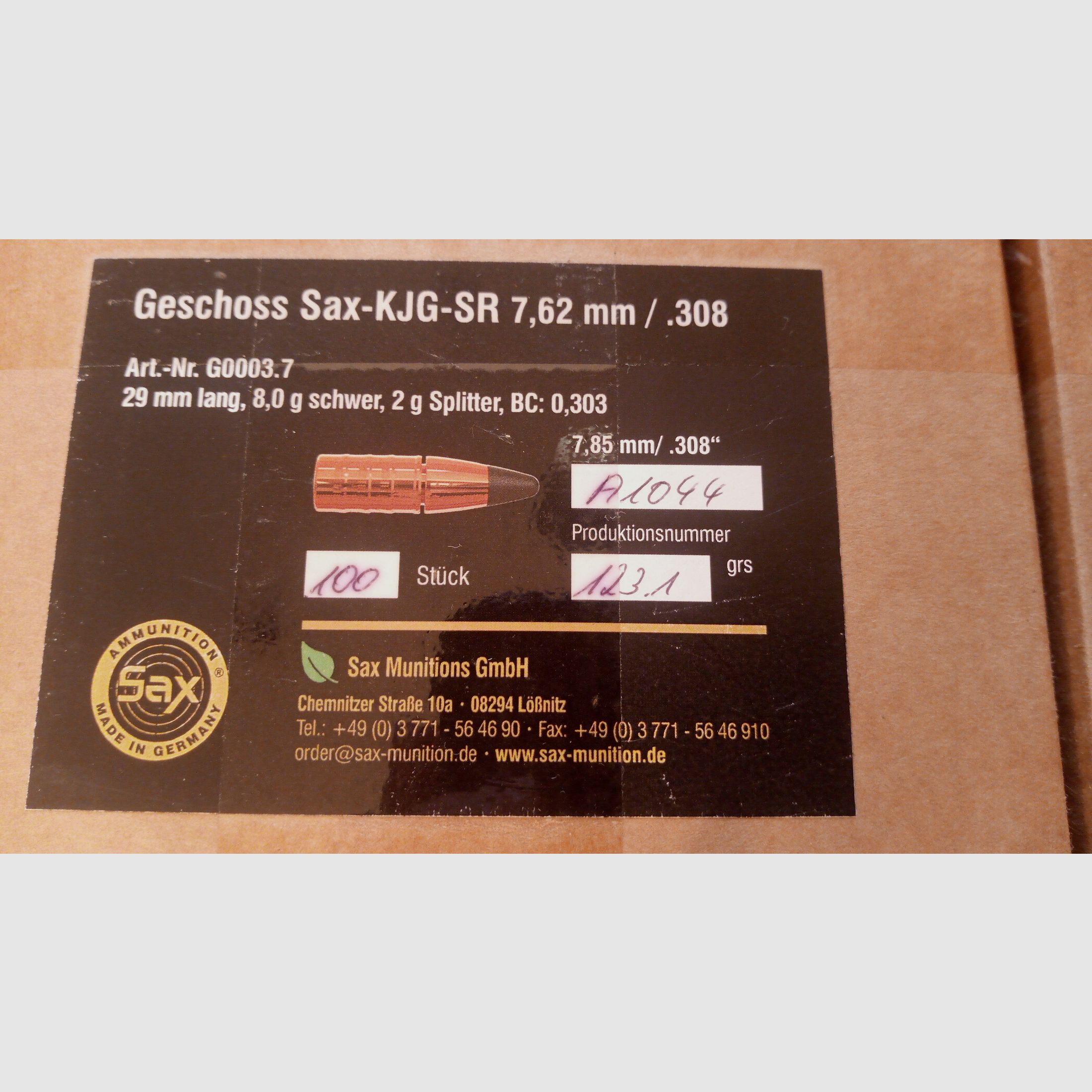 240 SAX KJG SR 7.62 / .308 projectiles 123.1gr 8.0g 2.0g fragments 29mm long BC: 0.303
