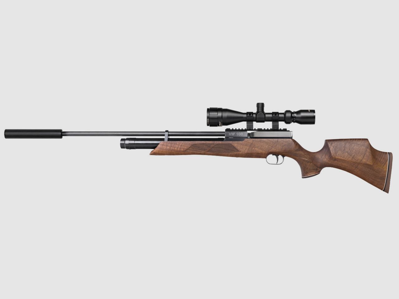 Pressluftgewehr Weihrauch HW 100 S Nussbaumholz-Sportschaft langer Lauf SchalldĂ¤mpfer Kaliber 4,5 mm (P18)