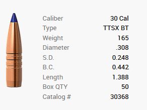Balle Barnes .30/.308 165GR Tipped TSX BT 50 pièces