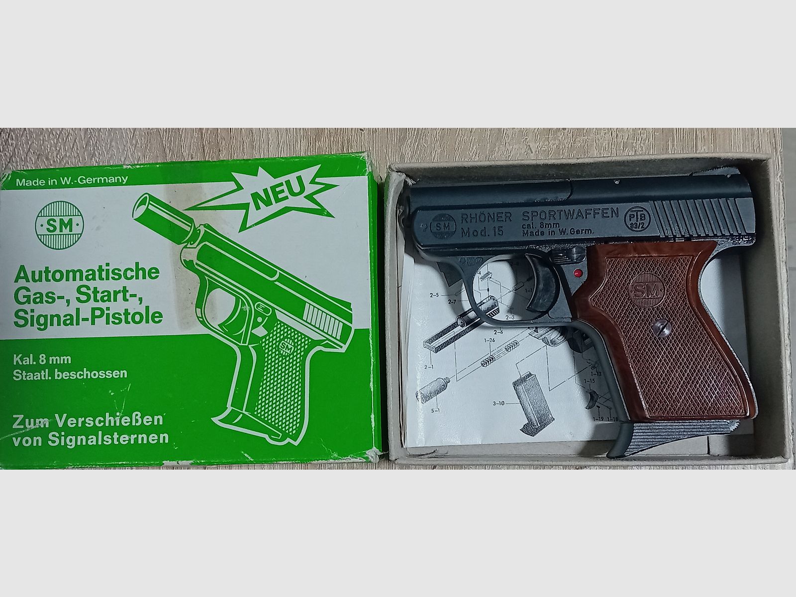 Alte Rhöner SM 15 Kal. 8 mm Knall im PTB 83/2 mit Verpackung!
