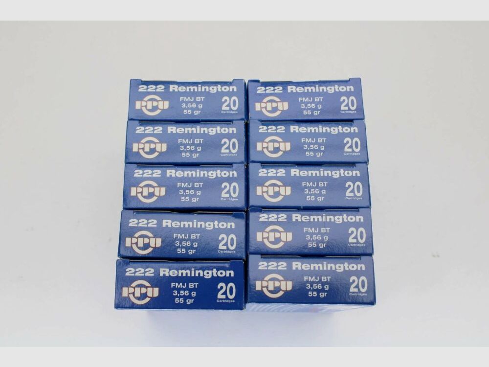200 Schuß PPU .222Rem mit 3,56gramm 55gr. FMJ RN 10x20er Pack