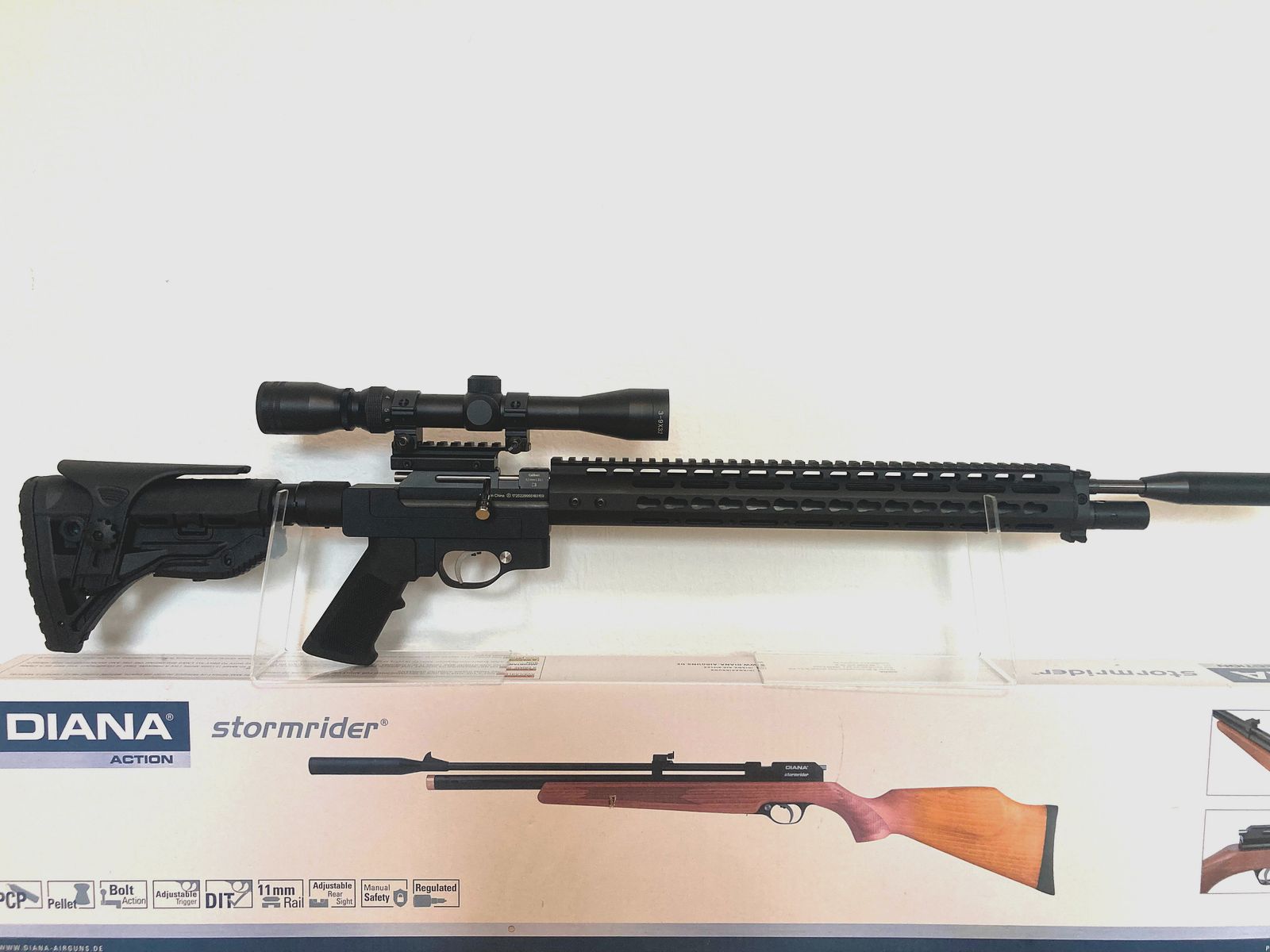 Carabine à air Diana Stormrider avec système de crosse aluminium AR15-Tactical et lunette 3-9x32, F libre dès 18 ans avec kit export 35J