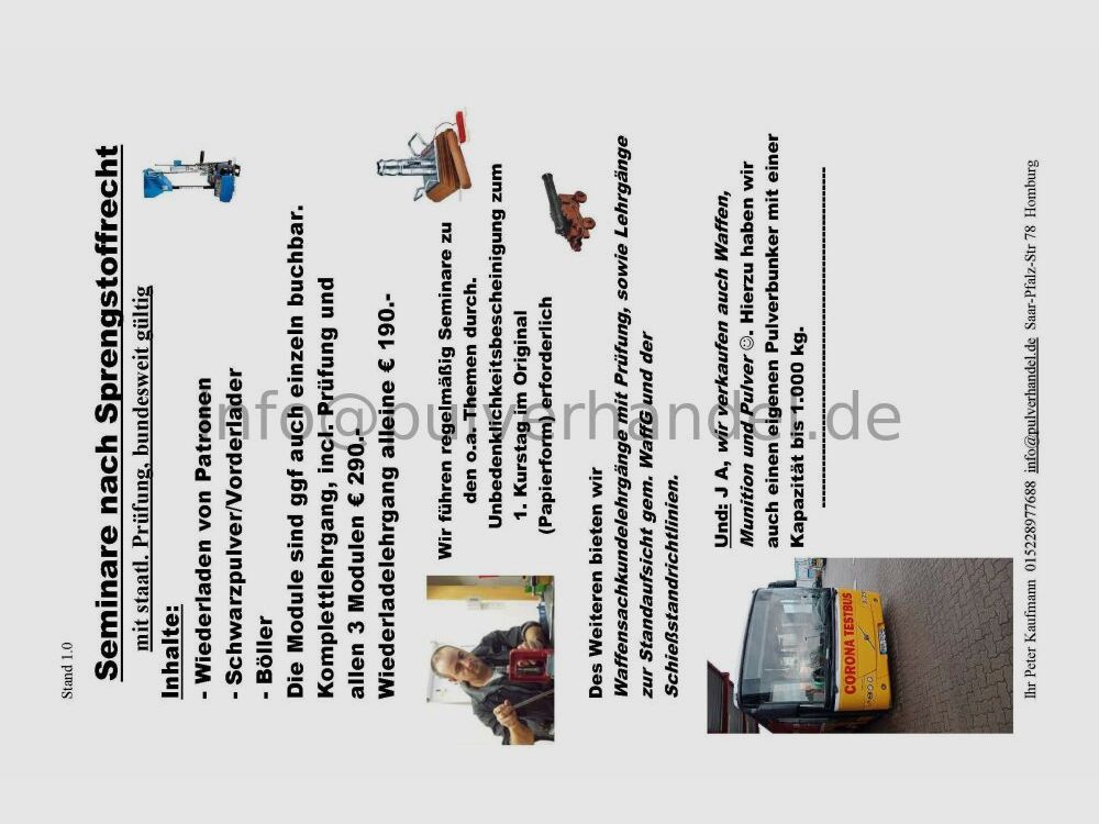 Pulverschein § 27 Erlaubnis. Lehrgang zum Laden und Wiederladen von Patr Pulverschein, Modullehrgang Lehrgang Fachkunde mit Prüfung