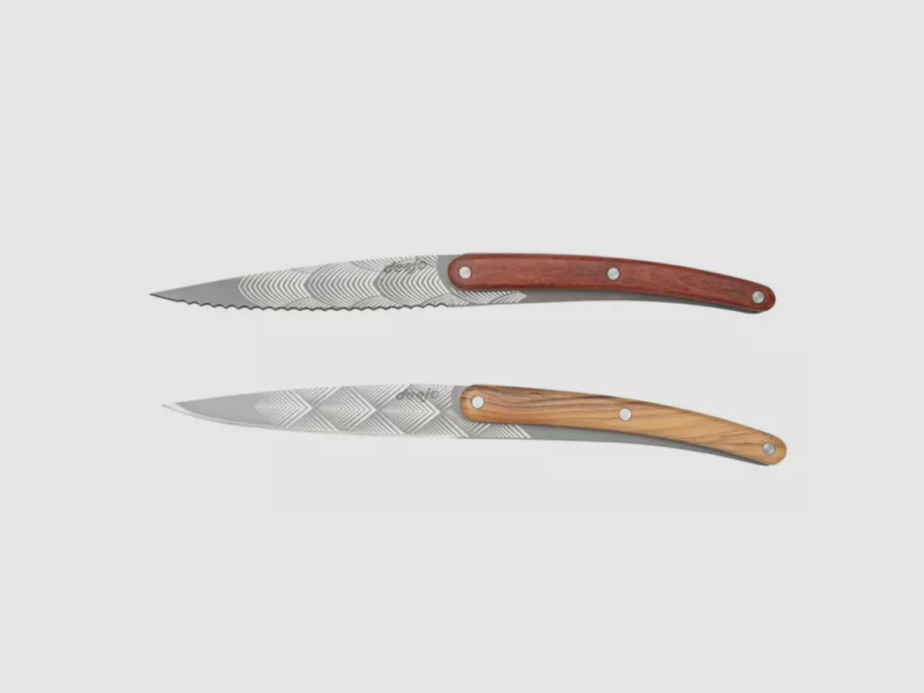 2 Deejo paring knives, olive wood and coral wood / Art Deco