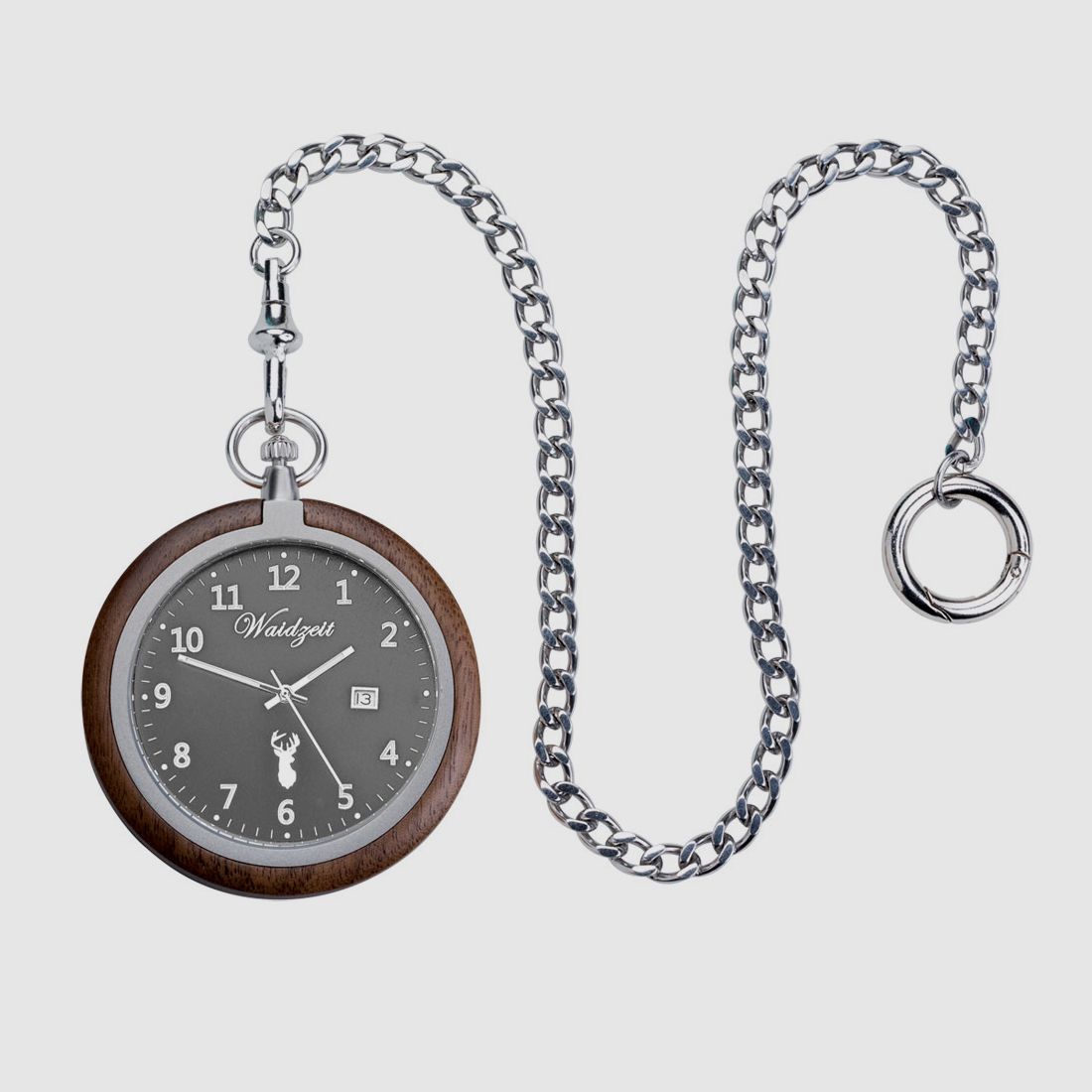 Taschenuhr Zeitlos (weiß) aus Walnussholz mit Kette