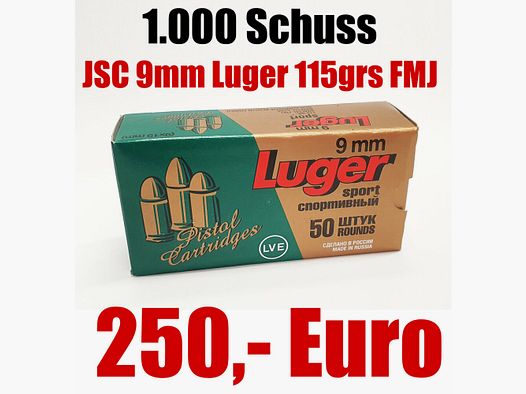 JSC "NOVOSIBIRSK CARTRIDGE PLANT" & LVE "LOW-VOLTAGE EQUIPMENT CO" Munition JSC 9mm Luger FMJ 115grs Sport-/ Trainingsmunition "extra Soft" 1.000 Schuss