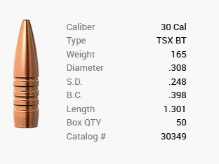 Barnes bullet .30/.308 165GR TSX BT 50 pieces
