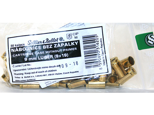 50 Stück S&B | Sellier&Bellot Wiederladehülsen S+B 9mm Luger 9x19 Nato Boxer o. Zündhütchen V316202