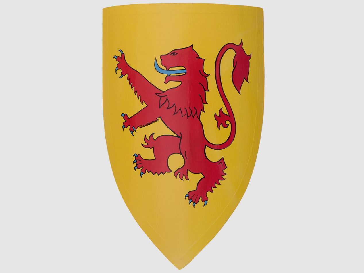 Ritterschild aus Holz mit karminroten Löwen