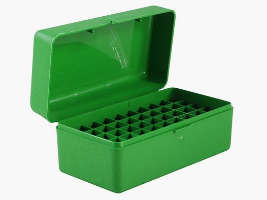 MTM scatola per cartucce RMLD-50-10 verde con coperchio a ribalta per 50 cartucce .45-70 e altre.