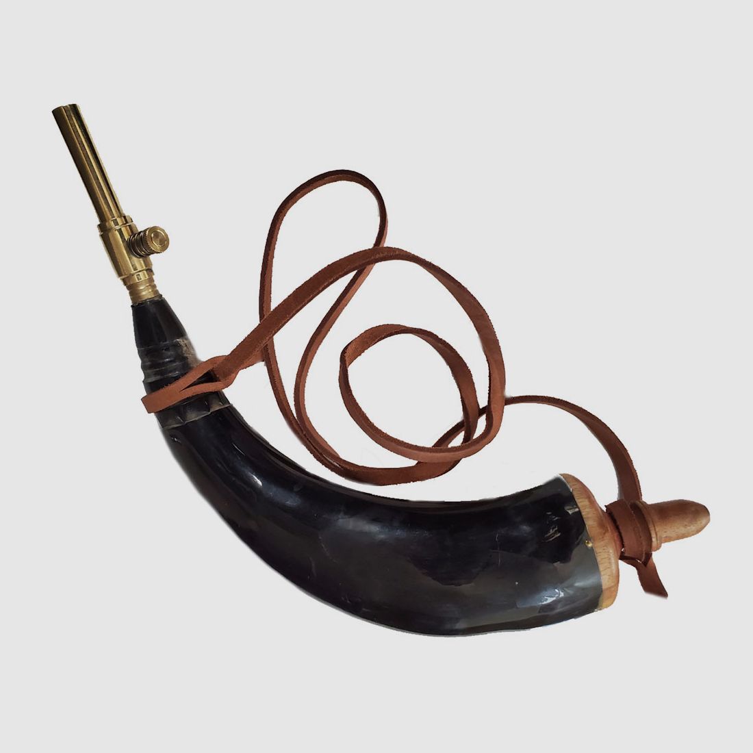 Powder horn with shut-off valve made of brass