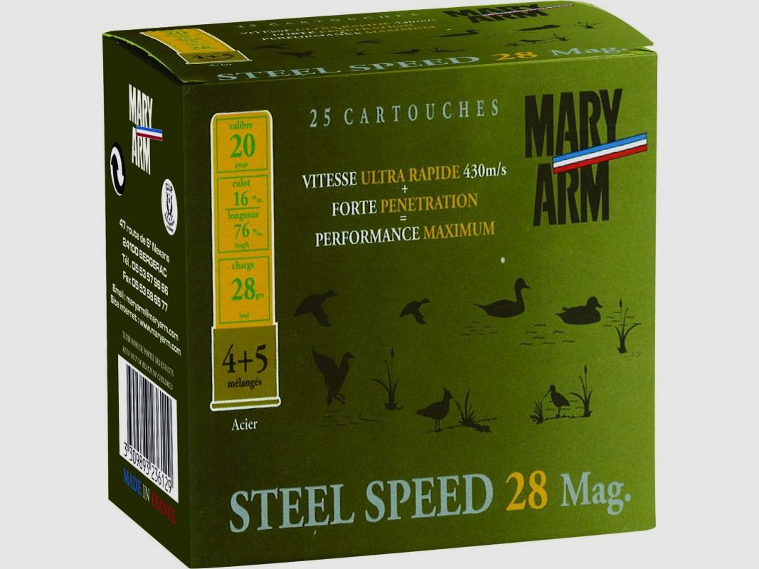 CARTOUCHE DE CHASSE MARY ARM STEEL MAGNUM 28 BJ – CALIBRE 20/76 – plomb 4+5, image 1 sur 2