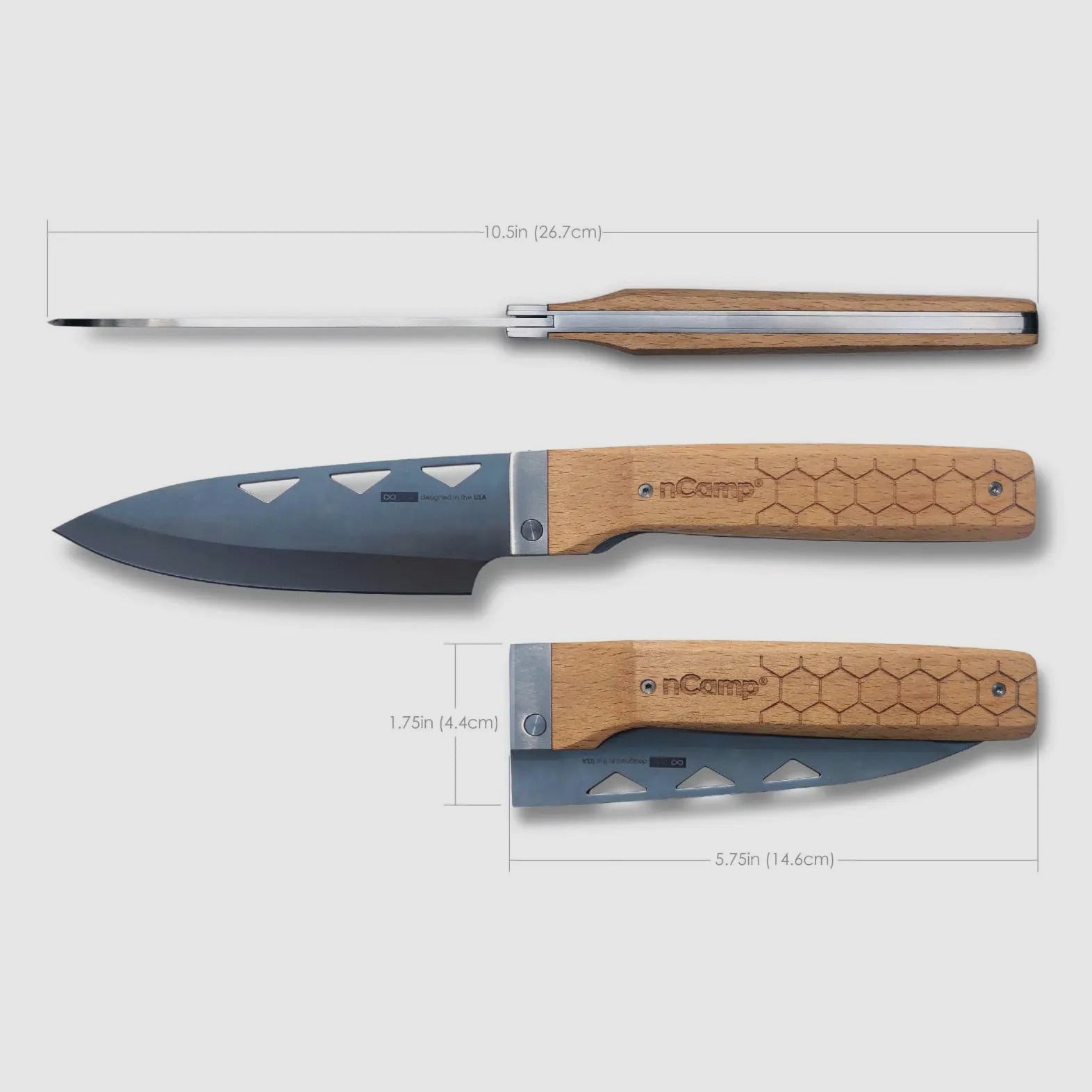 nCamp Premium Couteau de Cuisine (Lame 9cr18Mov/Poignée en Hêtre) avec Poche en Nylon