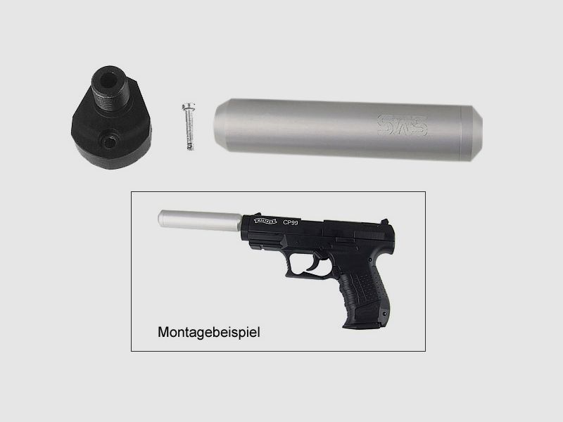 Adapter und silberner SchalldĂ¤mpfer fĂĽr CO2 Pistole Walther CP99 (P18)