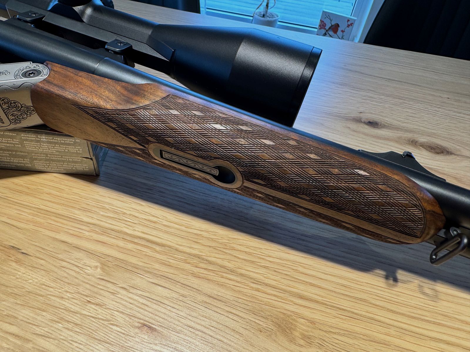 Blaser D99 dubbelbuksdrilling 9,3x74 / 9,3x74 / 20/76 met 2 x ZF Zeiss voor het zitten en drijfjacht, BESTE STAAT