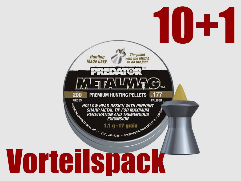 10+1 GRATIS x 200 StĂĽck JSB Predator Metalmag Diabolo, Hohl-, mit Metallspitze, glatt, 1,100 g, Kaliber 5,50 mm