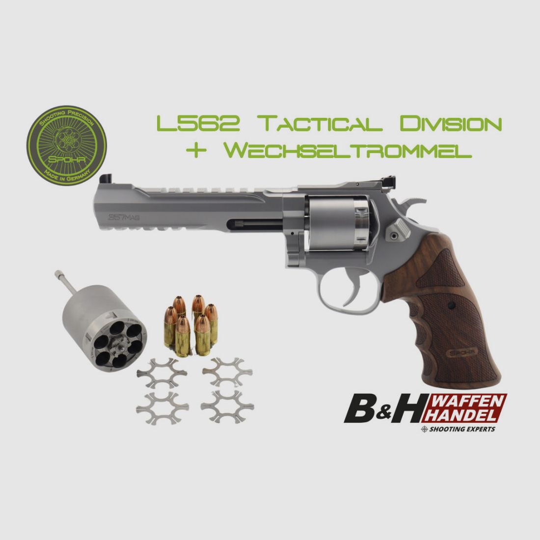 Revolver Spohr L562 Tactical Division en acier inoxydable avec barillet interchangeable 9mm fabriqué en Allemagne