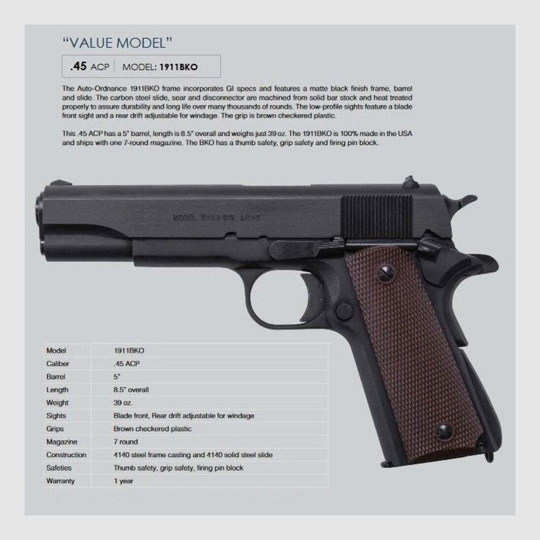 Auto-Ordnance 1911A1 GI Specs 5" (5 pouces) .45Auto, image 3 sur 3