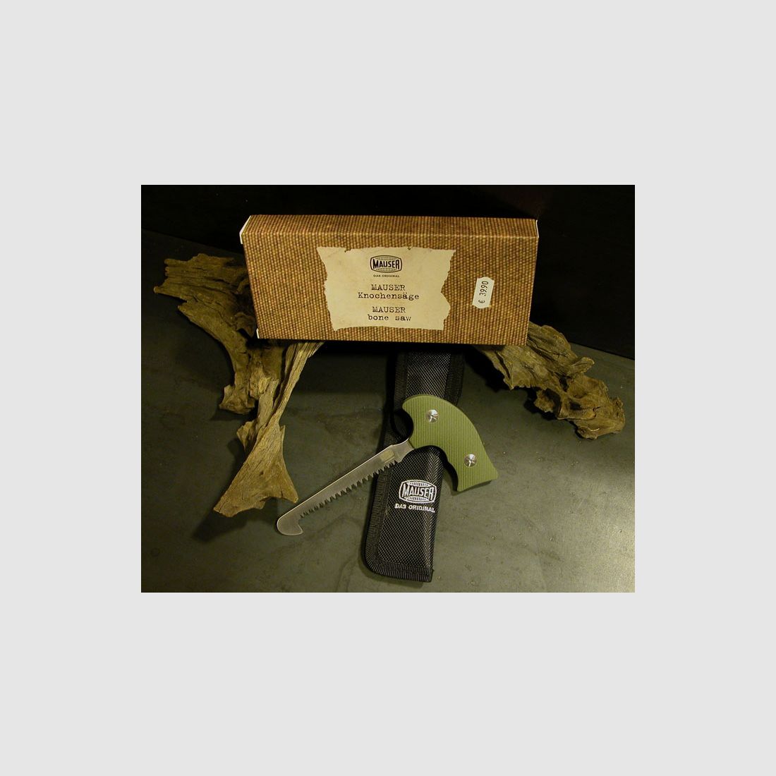 Sierra de huesos Mauser sierra de despiece mango MICARTA verde oliva + funda Codura + caja de regalo