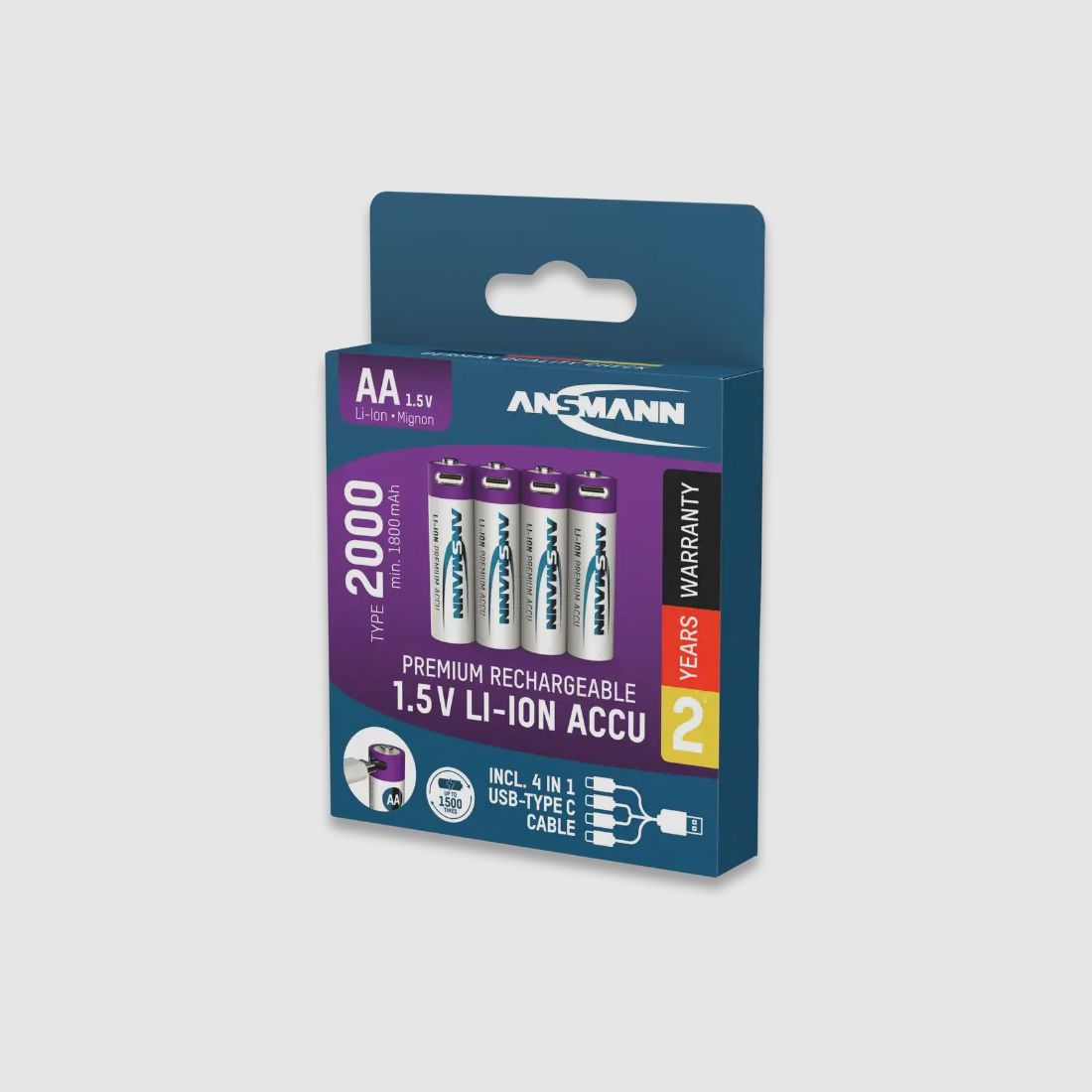 Pacco da 4 batterie AA Li-Ion Ansmann con cavo di ricarica
