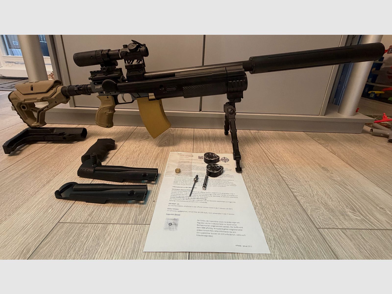 AEA HP-Max MK 1 Kal. .35 9mm F-Luftgewehr Pump-Action, RED-DOT i składany powiększacz 1-5x (Magnifier), Taktyczny, FAB-Stock, Donny FL, dwójnóg tactical