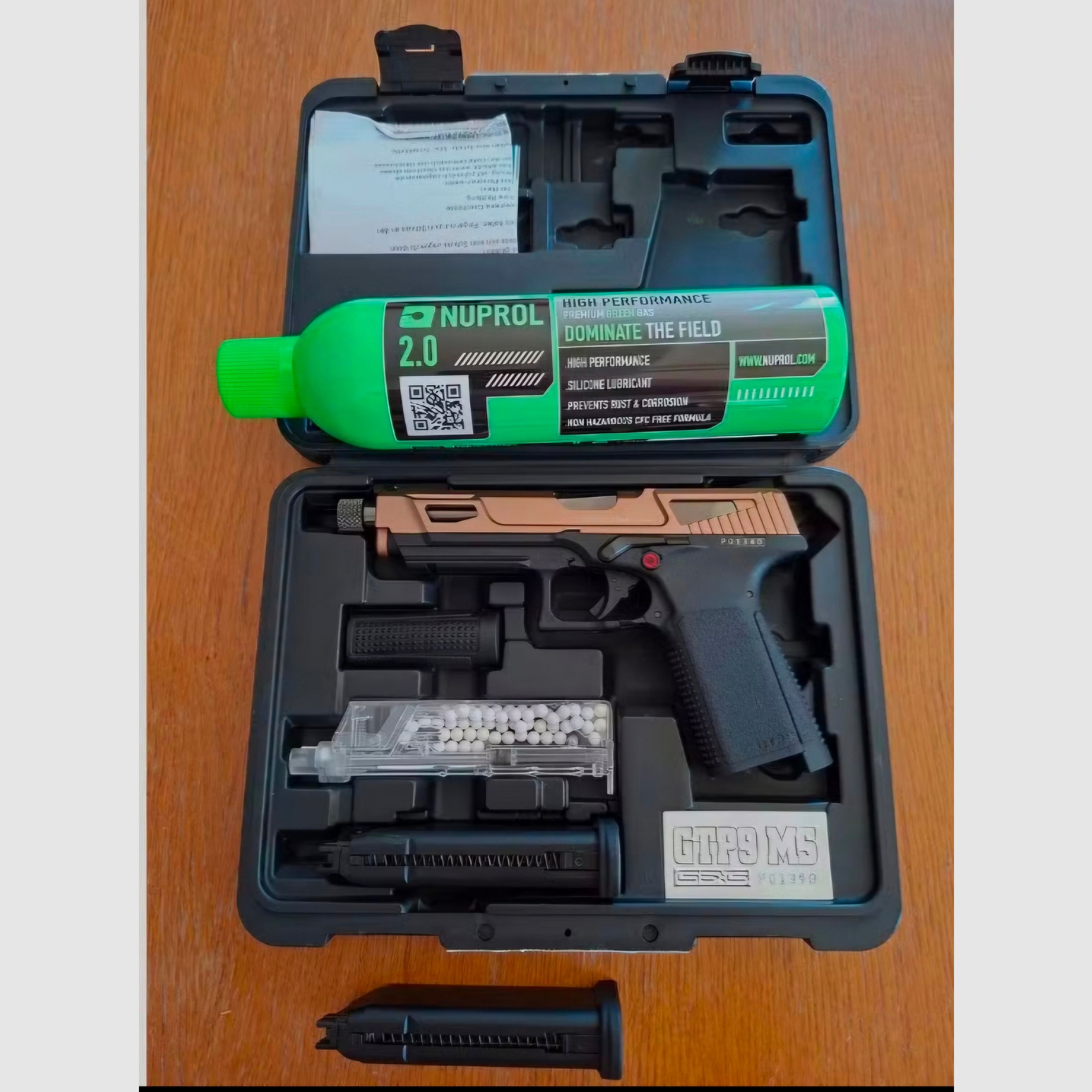 G&G GTP 9 MS DST CO2 airsoft pistol, Desert with green gas and 2 magazines