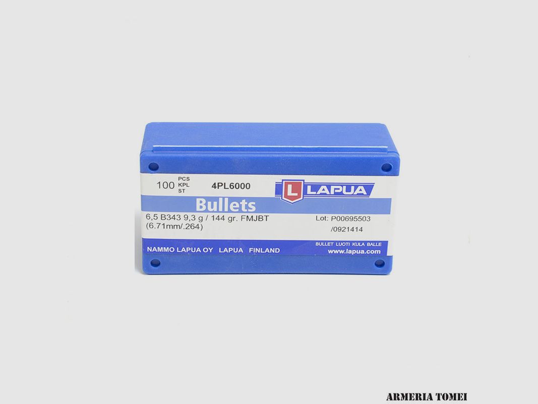 LAPUA – PALLE CAL 6.5MM (6.72 MM / .264) 144 GR FMJ BOAT TAIL CONF. 100 PZ, immagine 1 di 2