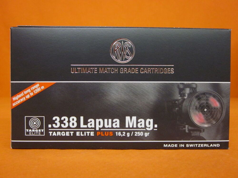 RWS Cartucho .338LapuaMagnum RWS 250grs HPBT (2317464) VE 20 cartuchos (Target Elite Plus)/ 16,2g punta hueca de competición