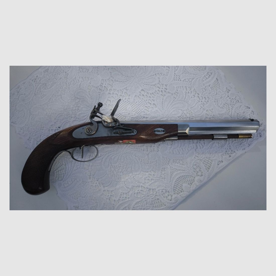 Steinschloßpistole Pedersoli Kaliber .45, Scheibenpistole mit französischen Rückstecher
