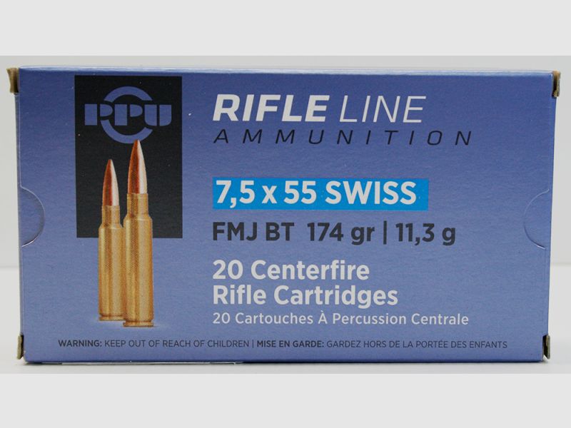 20 Schuss / 20 Patronen PPU 7,5x55 SWISS 7.5 x 55 174gr 11,3g Vollmantel FMJ BT Munition Prvi Partiz