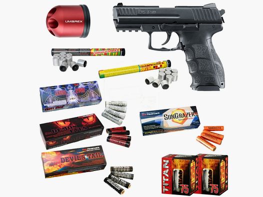 Silvester Set Heckler & Koch P30 Schreckschuss Pistole 9 mm P.A.K. schwarz