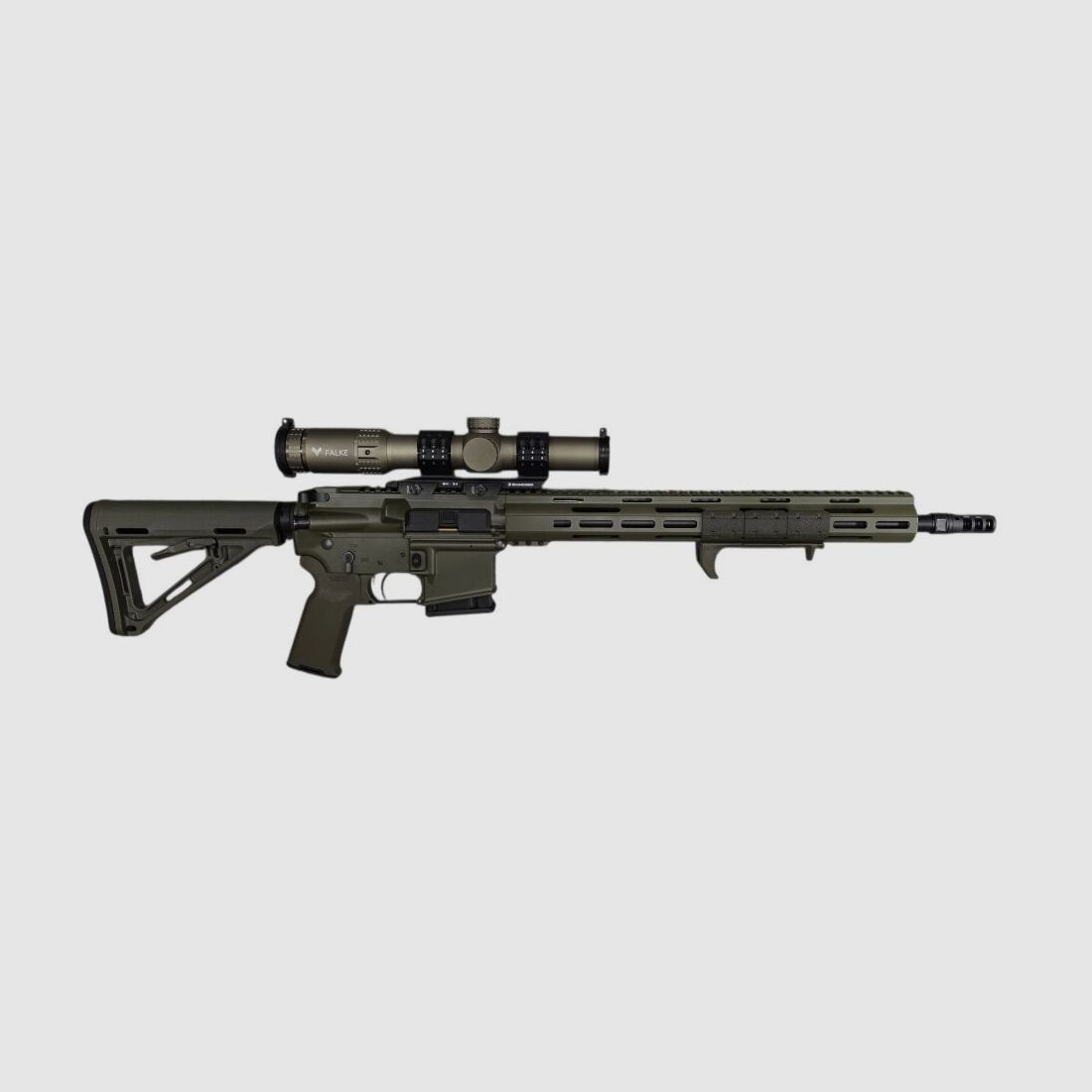 Lux Def Tec L5L OD GREEN Premiumline 16.75" semi-automatic rifle, 223Rem including Magpul stock, Magpul grip, Magpul hand stop, Magpul side grips, Falke 1-8x24SASPro in special color GREIGE/BRONCE, Schmeisser SM30 mount, Triggertech Zero Creep trigger and Schmeisser NoRec brake