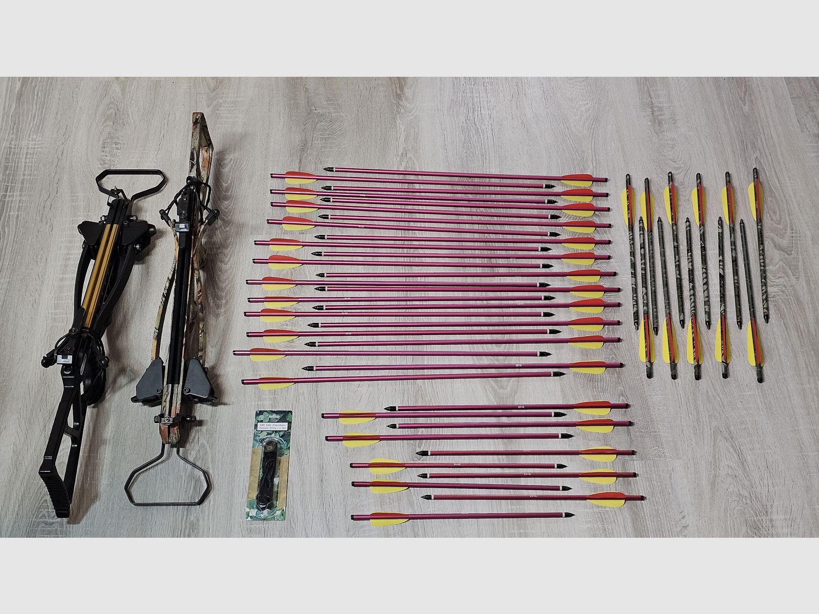 Recurve crossbow double set: 2x Skeleton Hunter 120 lbs (Camo & Black) foldable, 45 bolts, spare string